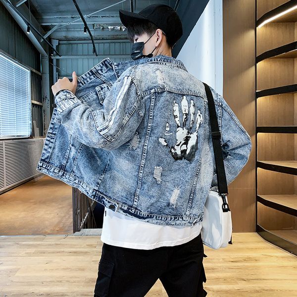 

autumn men's denim jacket with holes trend korean-style coat handsome cowboy gown casual loose-fit men's top, Black;brown