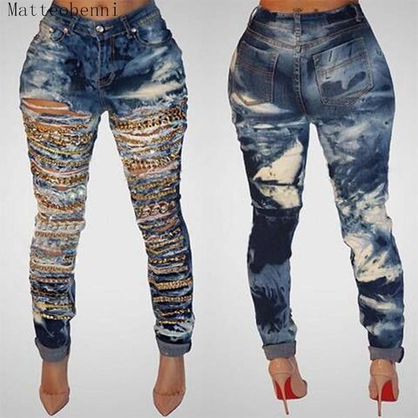 

Skinny ripped ta el jean women denim pant hole de troyed knee pencil ca ual boyfriend jean tretch mom with chain