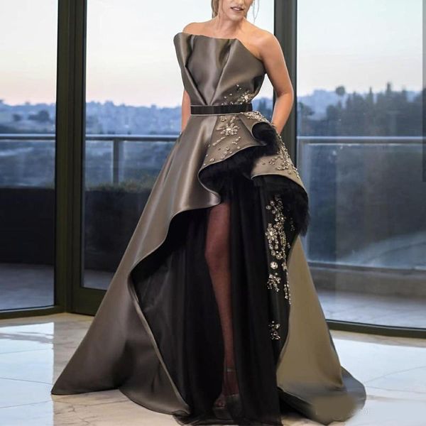 

2020 modest thigh side split a line evening dresses strapless crystal with sash ruffles prom dress women's evening party gowns, Black;red