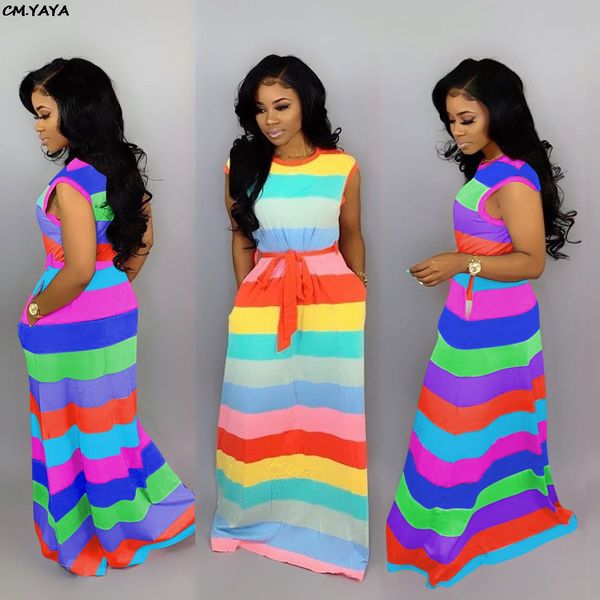 

2019 New women summer striped o-neck sleeveless with sashes maxi dress causal fashion long dresses vestidos 2 color GLMTY6186