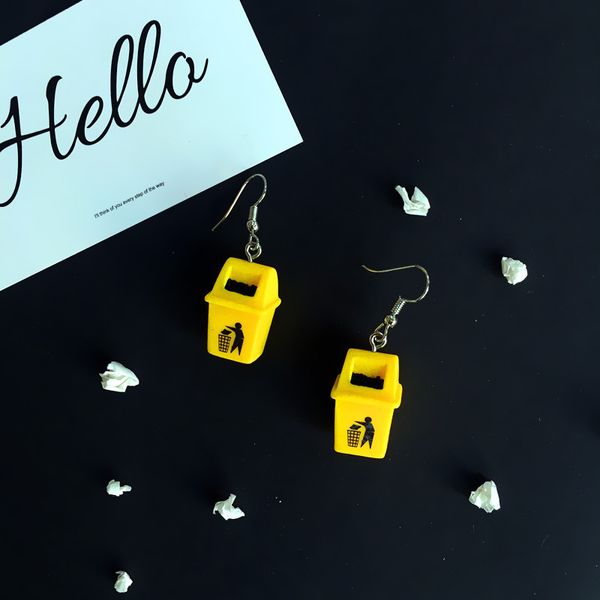 

2019 creative handmade personalized funny yellow trash can drop earrings fashion new design dangle earrings jewelry, Silver
