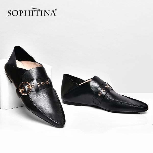 

sophitina comfortable new flats genuine leather fashion metal handmade special decoration shoes women's flats so301, Black