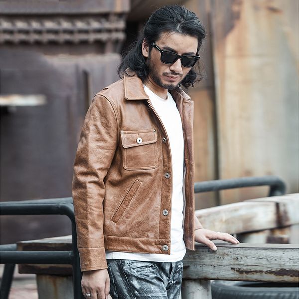 

slim fit plus xxxl distressed cowhide jacket and coats mens genuine leather jacket clothing retro streetwear spring a007, Black