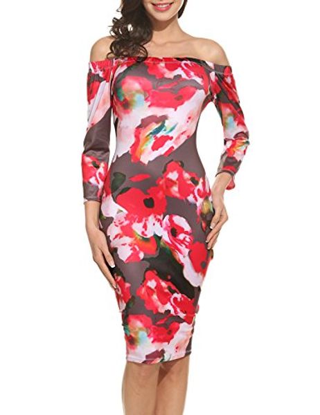 

zeagoo women's slash neck off the shoulder floral print 3/4 sleeve party bodycon midi dress, Black;gray