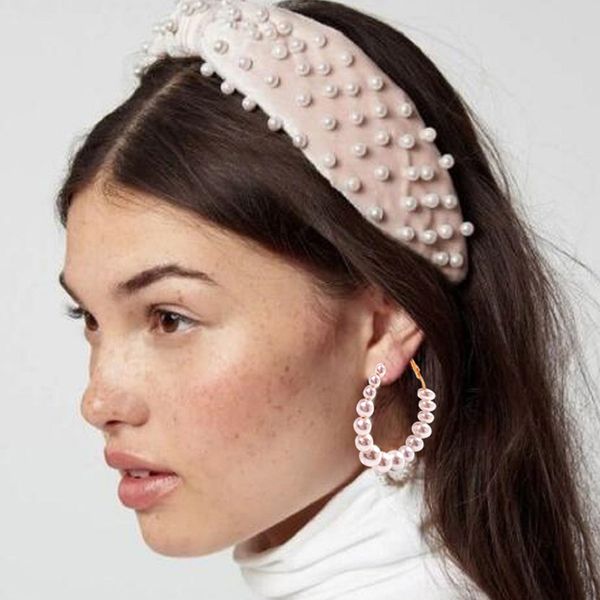 

solid color fashion hairband for women imitation pearl head hoop knotted knot wide headband hair accessories korean hair tiaras, Golden;white