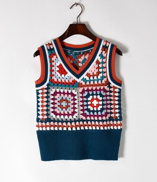 

autumn christmas sweater women fashion handmade hook flower vest crocheted hollow contrast color knitwear daily casual waistcoat, Black;white