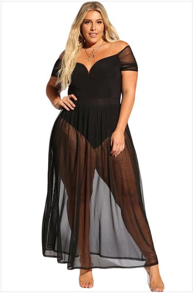 

xl 2xl 3xl plus size summer dress v neck club off shoulder dresses black sheer allure beach long dress dlm610183, Black;gray