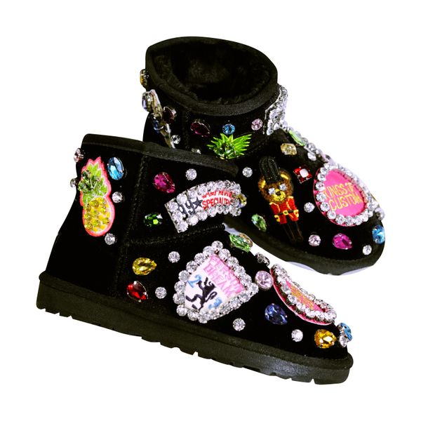 

cow suede winter shoes woman shiny crystals warm fur flat snow boots 2018 handmade bling rhinestones ankle boots women big size, Black