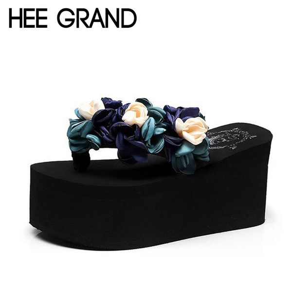 

hee grand 2018 women wedge slide high heel flower decoration comfortable wearing women fashion shoes for beach &and sea xwd6580, Black