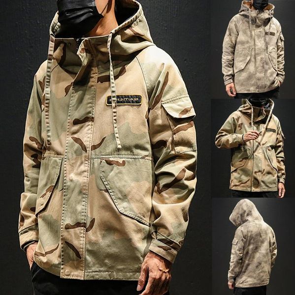 

jacket men's casual loose hooded coat trench coat camouflage fashion hooded jacket pocket, Black;brown
