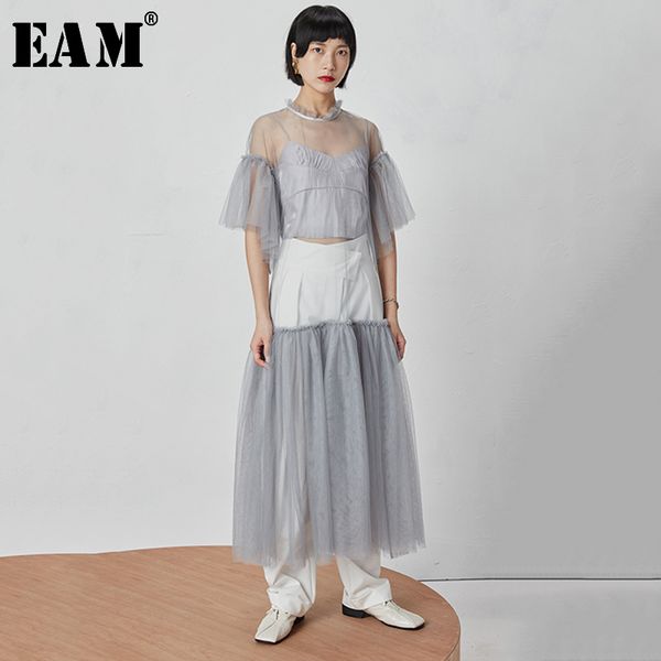 

eam] 2020 new spring summer round neck half sleeve mesh perspective bandage spliced loose long dress women fashion tide jy392, Black;gray