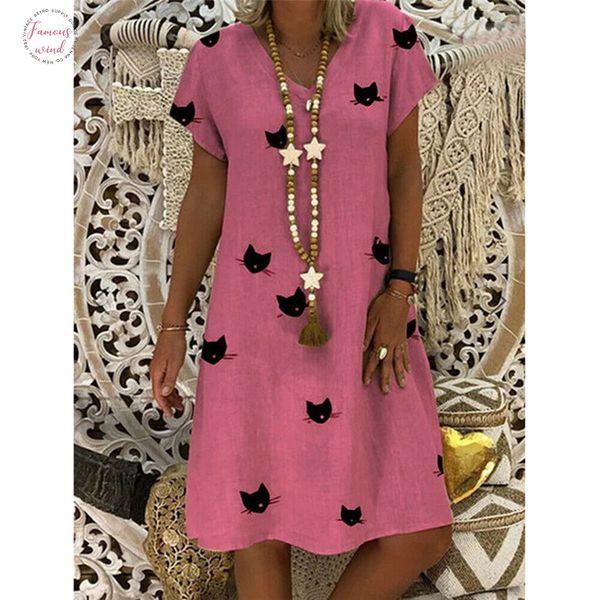 

cartoon print short sleeve v neck dresses boho clothes sundress women summer casual loose dress fashion plus size 3xl clothings, Black;gray
