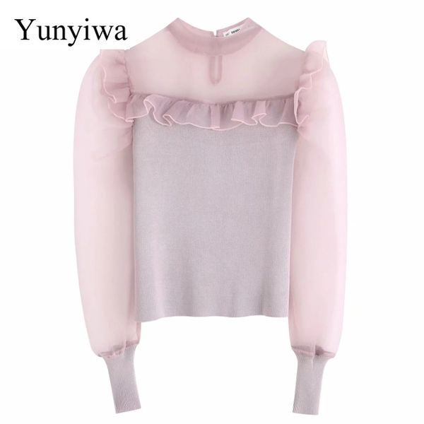 

новые женщины элегантный прозрачный органза лоскутное вязаный повседневный свитер дамы сладкий агарик кружева оборками свитер осень топы, White;black