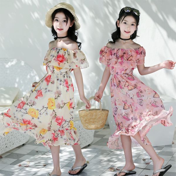 

floral girls beach holiday dress new summer long style kids dresses for girls shoulderless casual children princess clothing, Red;yellow