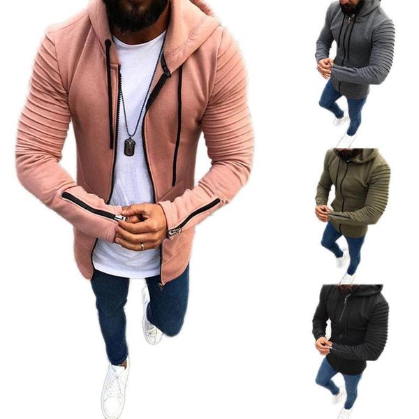 

plus size s-5xl sweatshirt men pleated long sleeves zip cuffs solid-color hoodies hooded slim zipper mens coats streetwear trend, Black