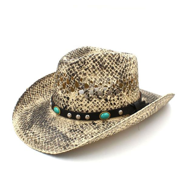

2020 women men straw sun hat handmade weave lady dad sombrero hombre western cowboy jazz caps punk turquoise band size 56-58cm, Blue;gray