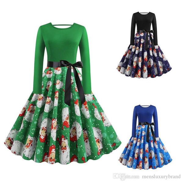 

dress long sleeve crew neck dresses retro hepburn style ladies dress women's clothing christmas digital printed, Black;gray