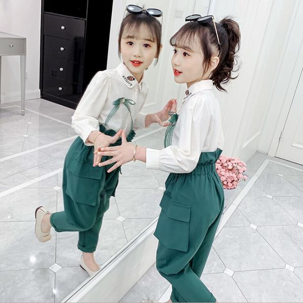 

children sets 2020 spring girls' long sleeve shirt + high waist pants children's fashion sets size 110-160cm big girls, White