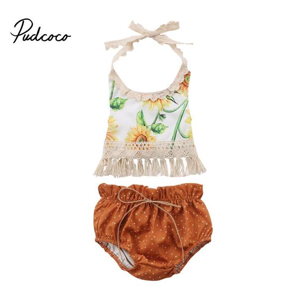 

2018 brand new newborn infant baby girls summer causal 2pcs sleeveless belt lace sunfolwer tassel vest bow shorts 0-24m, White