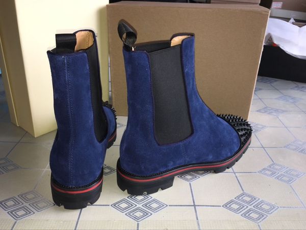 

men red bottom mid design men ankle low heels genuine leather suede with rivets melon spikes flat short knight boot cs09, Black