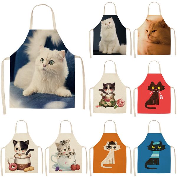 

kitchen apron for woman cute cartoon cat printed sleeveless cotton linen aprons for cooking home cleaning tools 53*65cm