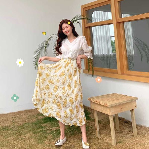 

skirts soft pleated lady skirt chiffon printing loose women, Black