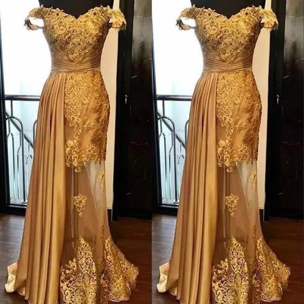 

off shoulder long gold evening dresses 2020 arabic tulle applique ruched beaded floor length pageant formal party gowns prom, Black;red