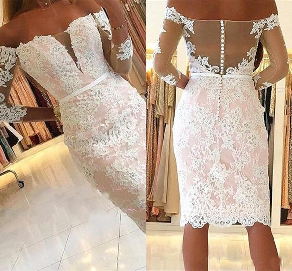 

Appliques Lace Short Prom Dresses Sheath Long Sleeves Off Shoulder Cocktail Party Dresses Evening Party Gowns Custom Made