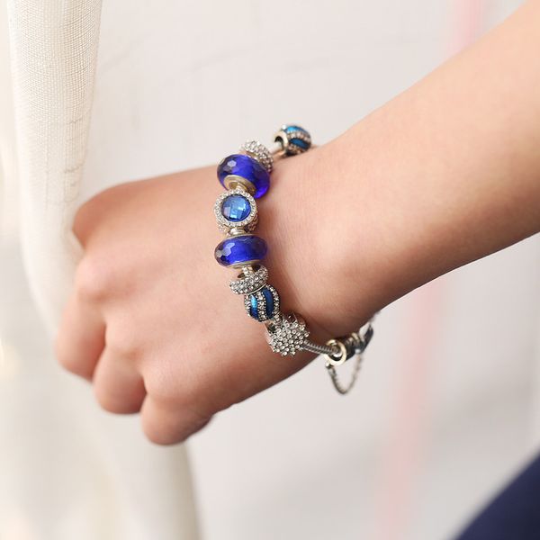 Großhandel - Charm-Armband 925 Silber Pandora-Armbänder für Frauen Royal Crown-Armband Blaue Kristallperlen Diy herzförmiger Schmuck mit Krone