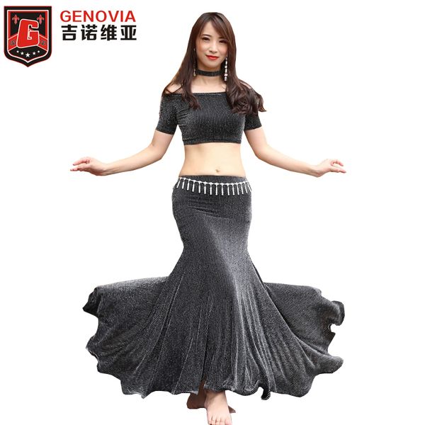 

3pcs full set tank fishtail long skirt+necklace belly dance costumes women nightclub dj halloween dancewear costume, Black;red