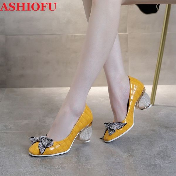 

ashiofu handmade 2020 women's thick heel pumps butterfly-knot crystal heel party dress shoes slip-on evening court shoes, Black