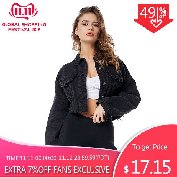 

geckatte black denim slim short mini cropped jacket for women fall 2019 harajuku jackets coats female streetwear outerwear mujer, Black;brown