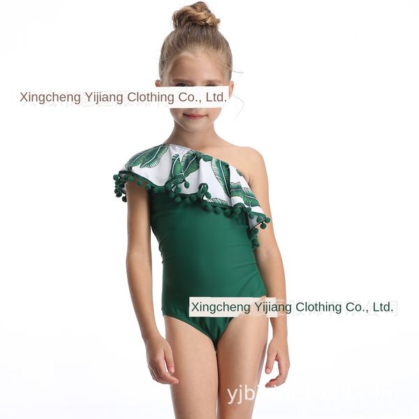 

2020 children's swimsuit one-piece printing solid color fur ball lotus leaf swimsuit, White;black