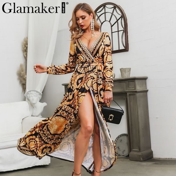 

glamaker vintage разделить сексуальное платье boho женщин осень элегантный печати макси платье длинный рукав пейсли 2019 партии клуб платье, Black;pink