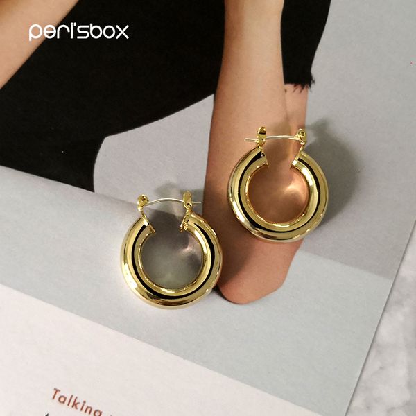 

peri'sbox 24mm gold thick hoop earrings for women brass medium plain hoops earrings open round circle earring light weight, Golden