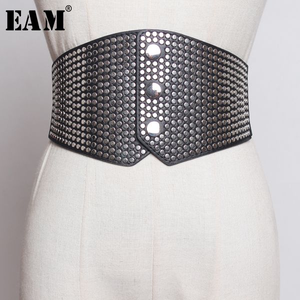 

eam] 2019 new spring summer pu leather irregular rivet split joint personality wide belt women fashion tide all-match jt736, Black;brown