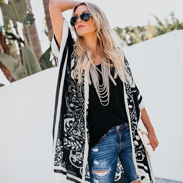 

women's printing loose casual long coat sunscreen trench coat red black hidden blue v-neck single button bat sleeve streetwear, Tan;black