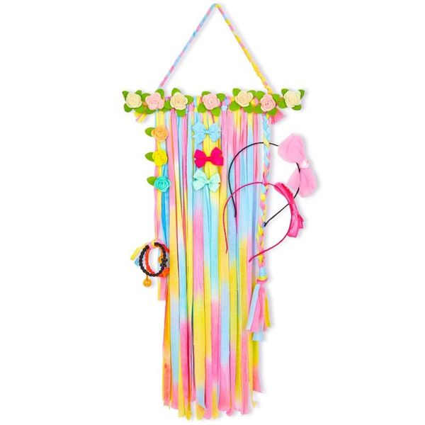 

fioday hanging flower decorated wood hair bows storage belt for girls strip cloth barrette hairband organizer holder diy tools, Slivery;white
