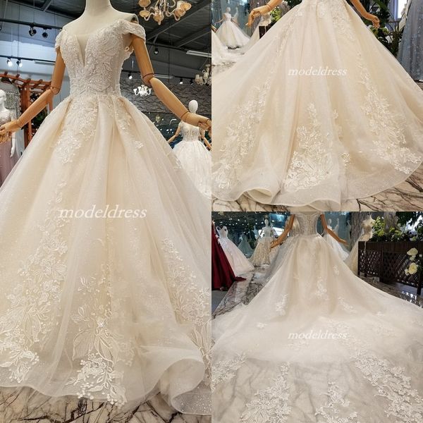 

sparkly ivory off shoulder wedding dresses 2019 corset back court train appliques beads chapel garden bridal gowns vestido de novia, White