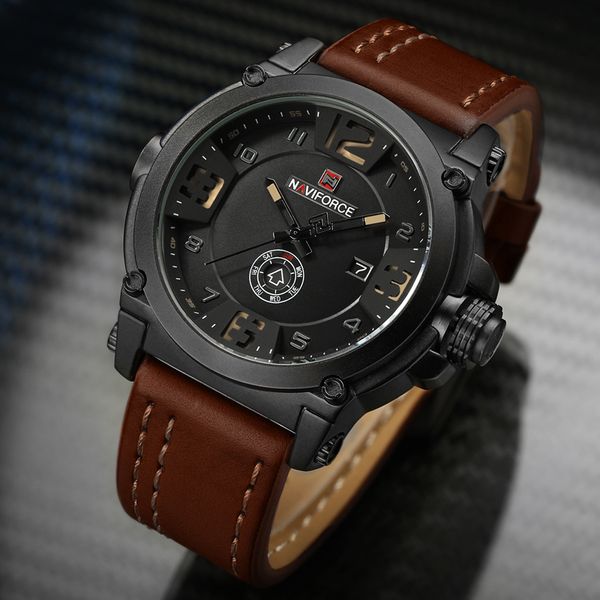 

naviforce brand watches men sport waterproof leather quartz watch man fashion wristwatch male clock relogio masculino, Slivery;brown