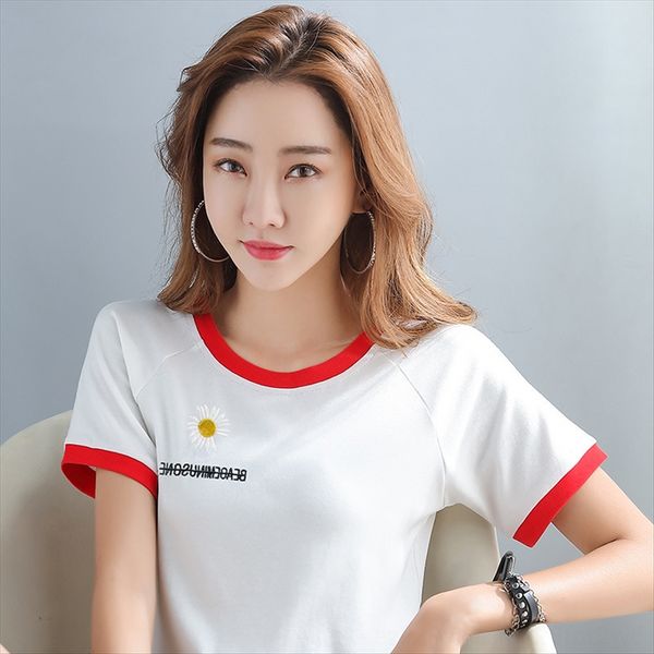 

2020 супер fire ins вышивка цветок короткий рукав футболки женщин все-матч свободный круглый воротник топ плечо футболки вышивка рукав мода, White