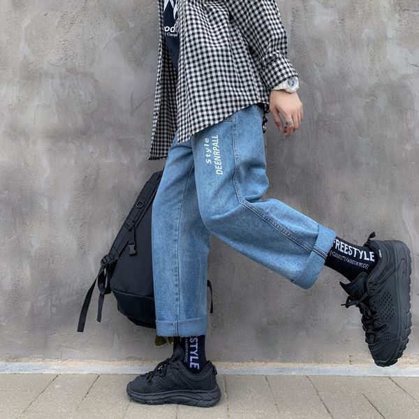 

men's jeans men printed 2021 harem pants mens japanese streetwear denim loose wide leg, Blue