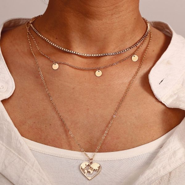 

round sequined multilayer pendant necklaces heart map ladies retro world map charm necklace for women bohemian jewelry gifts wholesale dhl, Silver