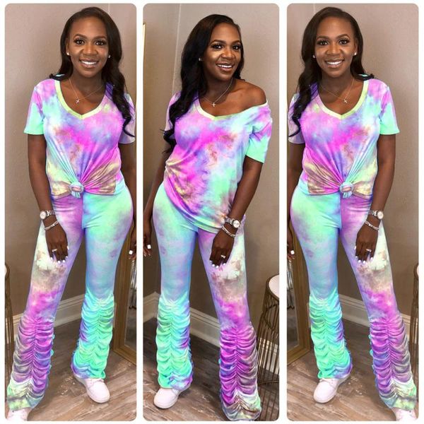 

women stacked party pants 2pcs tie-dye colorful sumemr ruched trousers ladies night club two piece set, White