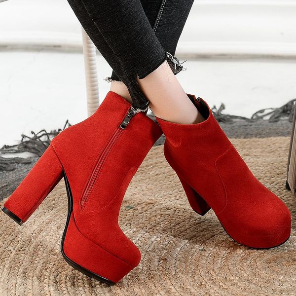 

lapolaka big size 43 platform ankle boots women high heels platform party boots round toe autumn winter shoes, Black