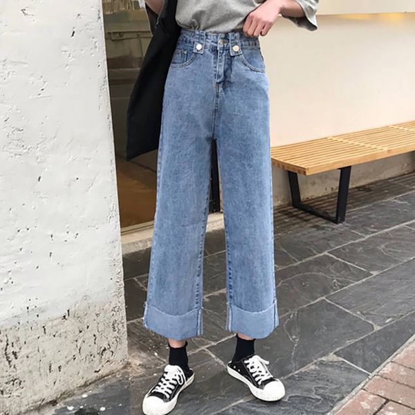

new arrive high waist women\'s wide leg pants fashion casual blue ankle-length jeansp1