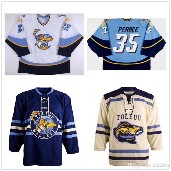 

custom echl toledo walleye 22 brandon naurato 35 pearce authentic hockey jersey white blue stitched logos customized any name and number, Black