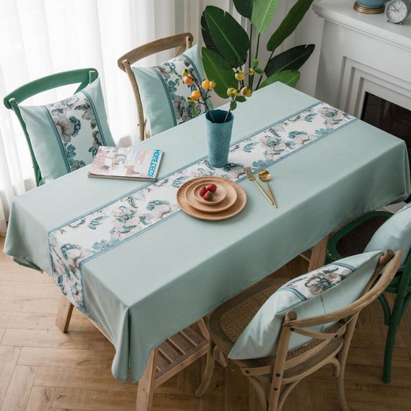 

solid green waterproof tablecloth new chinese style embroidery flower table cover dining table polyester cover decor