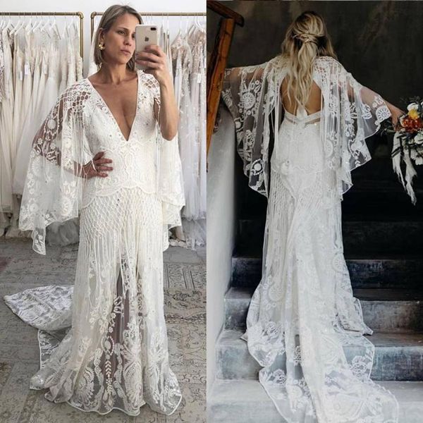 Bohemian Country Vestidos de Noiva com Decote em V Manga Longa Rendas Apliques Boho Vestidos de Noiva Sweep Train Beach Garden Vestido de Noiva de Luxo