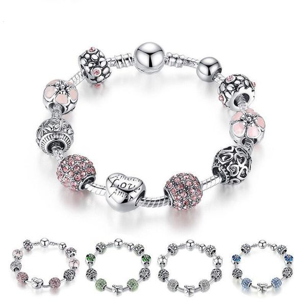 

Antique Silver Charm Love Designer Bracelet Bangle with Flower Beads Women Wedding Jewelry 4 Colors 18CM 20CM 21CM